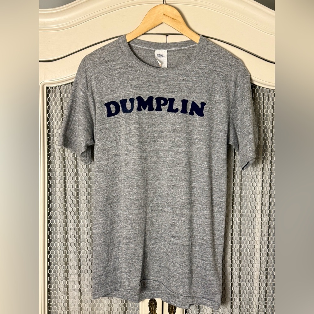 Vintage Retro Gray Short Sleeve Navy Velveteen Print “DUMPLING” T-shirt 🩶